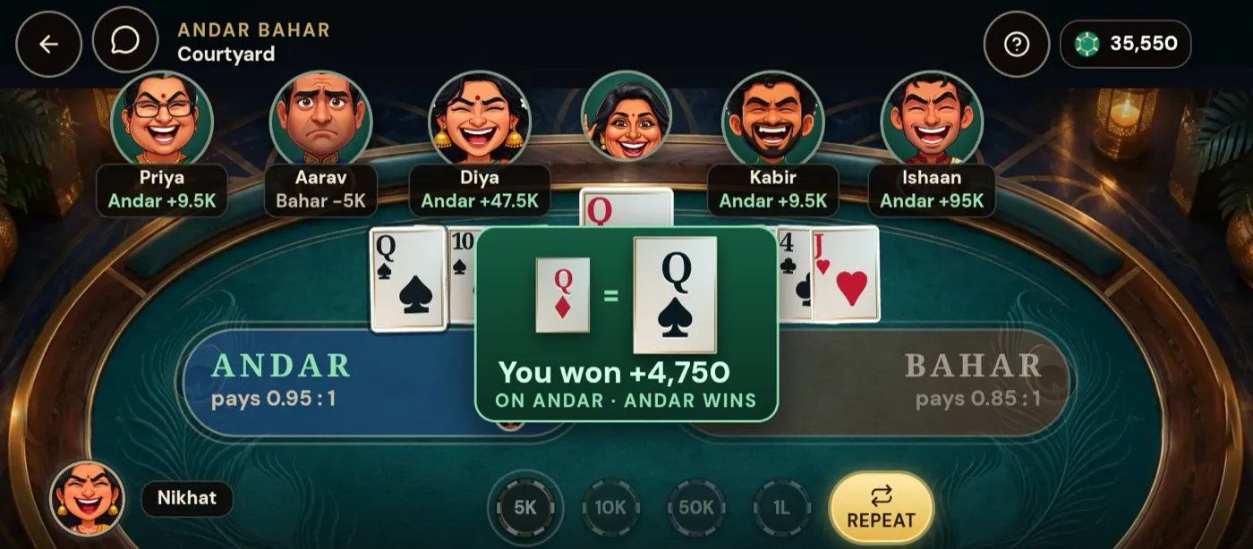 An Andar Bahar table with six players around Meera the dealer