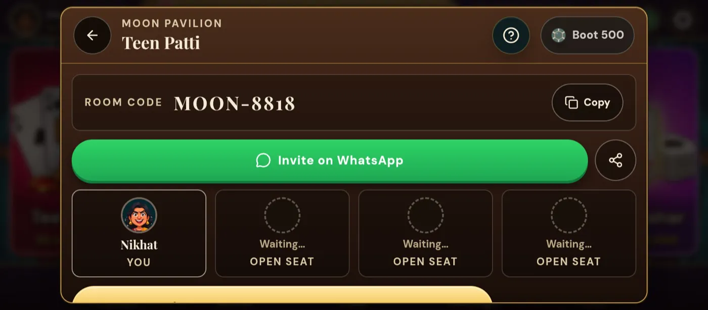 A private Teen Patti table with room code MOON-8818 and an Invite on WhatsApp button