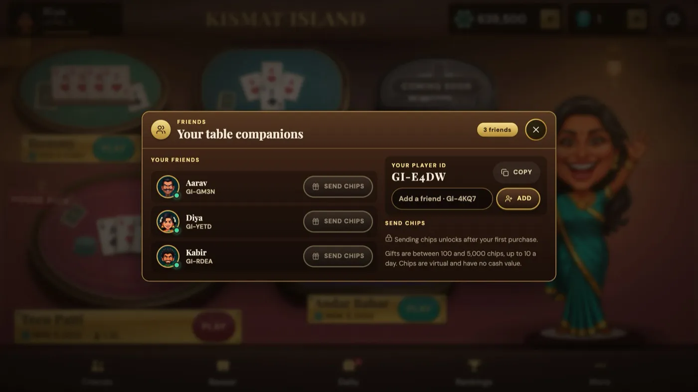 The Friends panel: three friends online, your Player ID GI-E4DW, and Add a friend